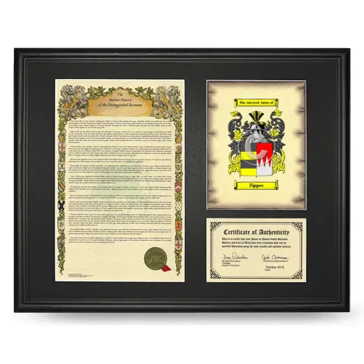 Zipper Framed Surname History and Coat of Arms - Black