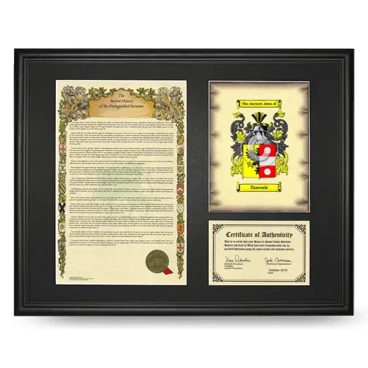 Zsarmir Framed Surname History and Coat of Arms - Black