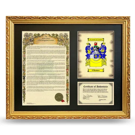 O'Kramer Framed Surname History and Coat of Arms- Gold
