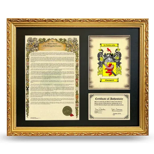 Abernetti Framed Surname History and Coat of Arms- Gold