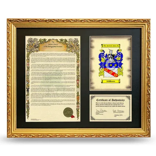 Addisson Framed Surname History and Coat of Arms- Gold