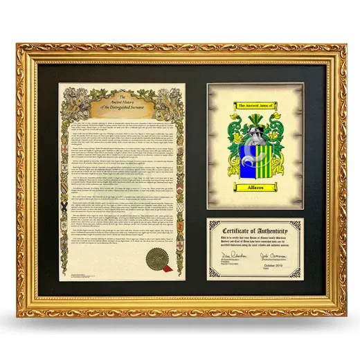 Alfaros Framed Surname History and Coat of Arms- Gold