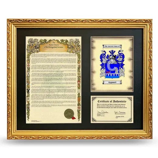 Apponti Framed Surname History and Coat of Arms- Gold