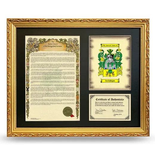 Arciniegas Framed Surname History and Coat of Arms- Gold