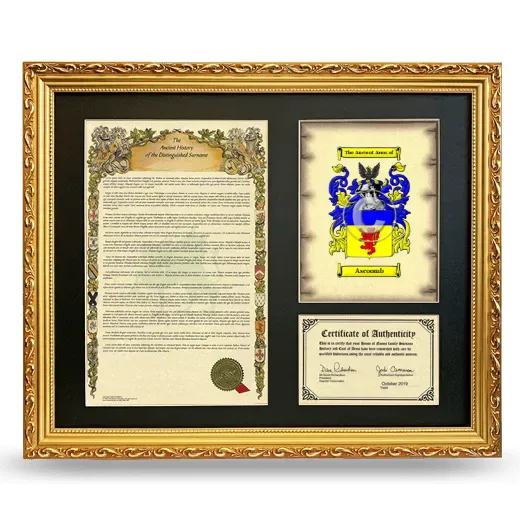 Ascoomb Framed Surname History and Coat of Arms- Gold