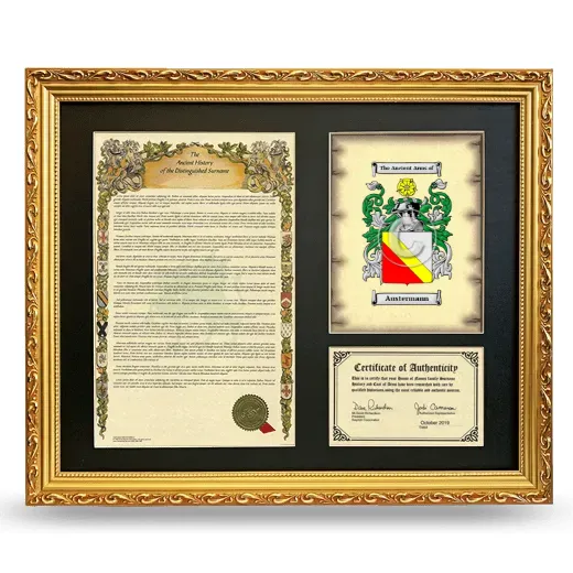 Austermann Framed Surname History and Coat of Arms- Gold