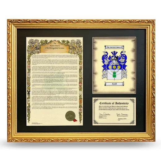 Avril Framed Surname History and Coat of Arms- Gold