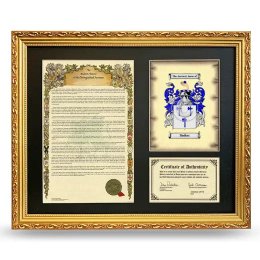 Badon Framed Surname History and Coat of Arms- Gold