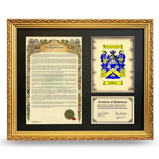Barbieres Framed Surname History and Coat of Arms- Gold