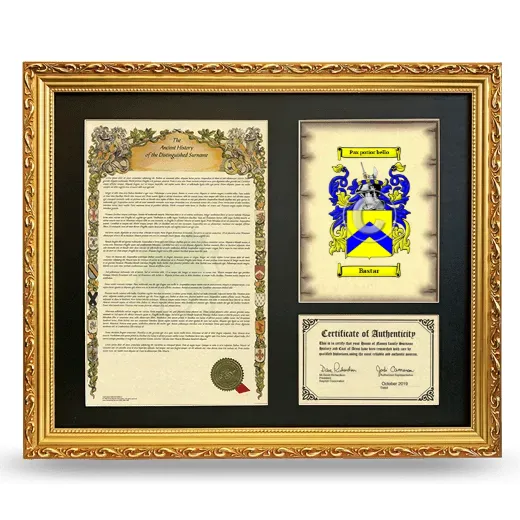 Bastar Framed Surname History and Coat of Arms- Gold