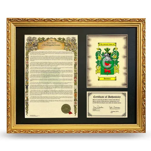 Becerro Framed Surname History and Coat of Arms- Gold