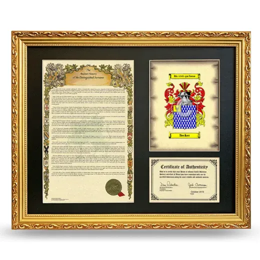 Becker Framed Surname History and Coat of Arms- Gold