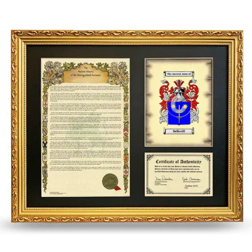 Bellevill Framed Surname History and Coat of Arms- Gold