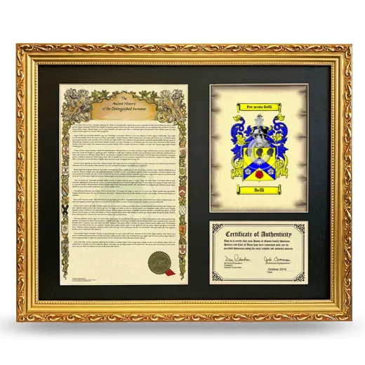 Belli Framed Surname History and Coat of Arms- Gold