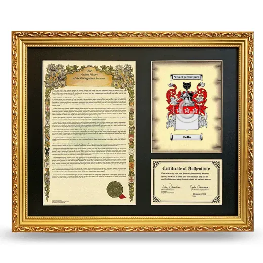Bello Framed Surname History and Coat of Arms- Gold