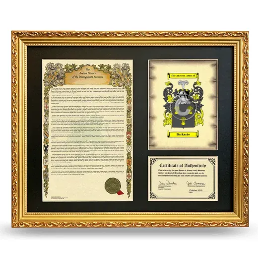 Berkarte Framed Surname History and Coat of Arms- Gold