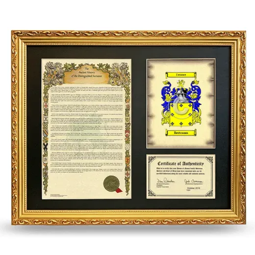 Bertrams Framed Surname History and Coat of Arms- Gold