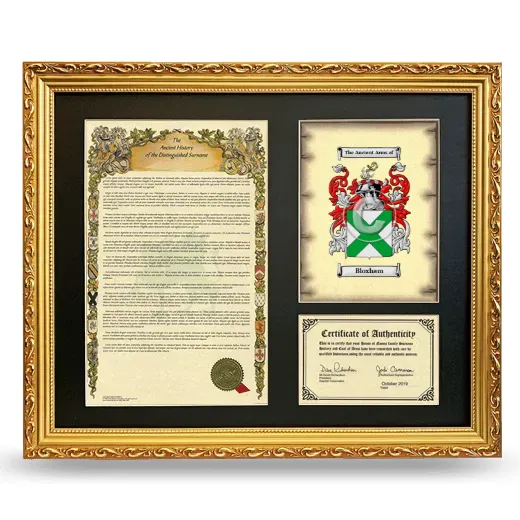 Bloxham Framed Surname History and Coat of Arms- Gold