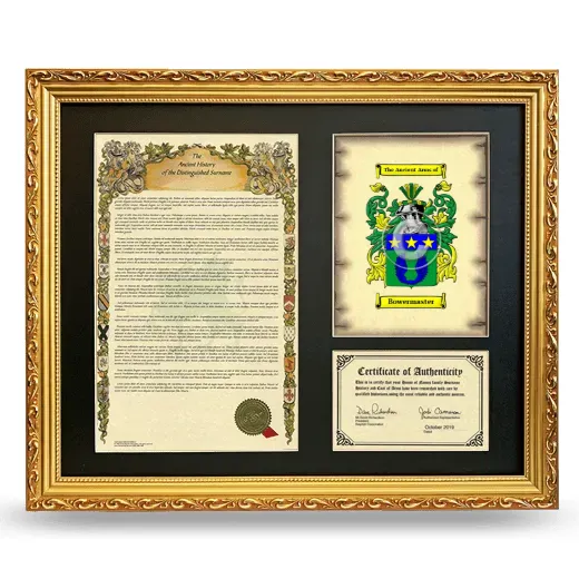 Bowermaster Framed Surname History and Coat of Arms- Gold