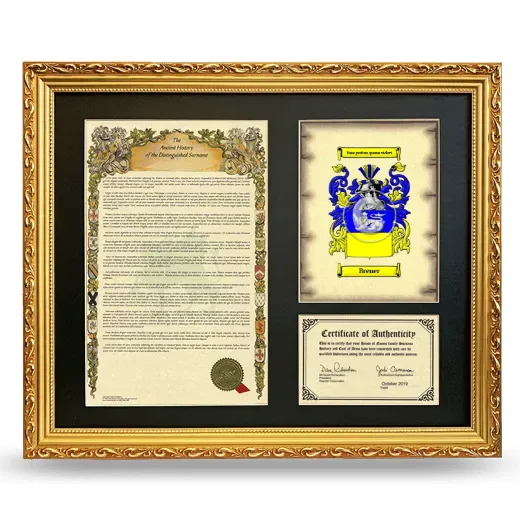 Brener Framed Surname History and Coat of Arms- Gold