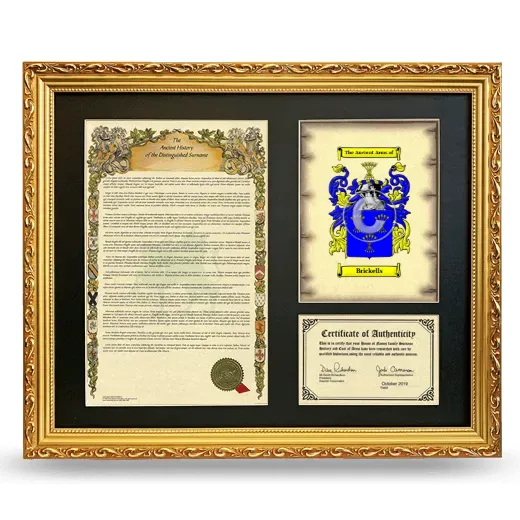 Brickells Framed Surname History and Coat of Arms- Gold