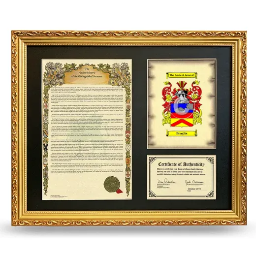 Broglia Framed Surname History and Coat of Arms- Gold