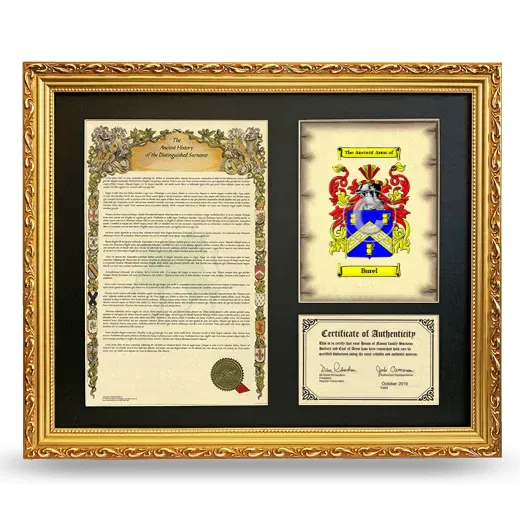 Burel Framed Surname History and Coat of Arms- Gold