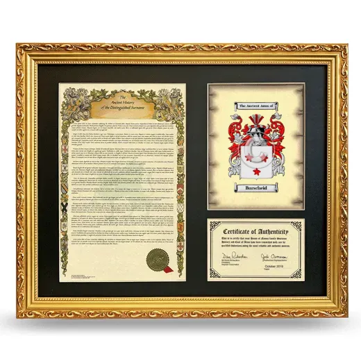 Burscheid Framed Surname History and Coat of Arms- Gold