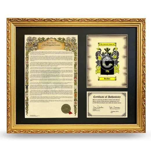 Busher Framed Surname History and Coat of Arms- Gold