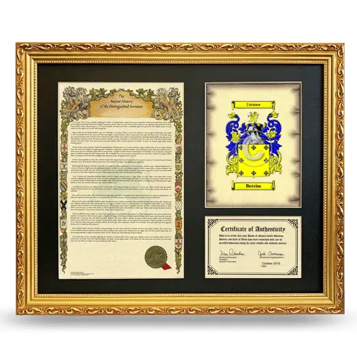 Butrim Framed Surname History and Coat of Arms- Gold