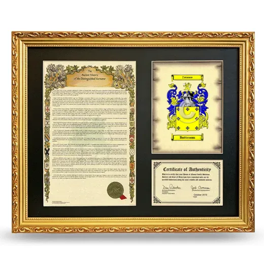 Buttroom Framed Surname History and Coat of Arms- Gold