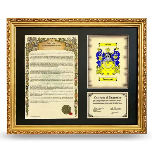 Buttroomb Framed Surname History and Coat of Arms- Gold
