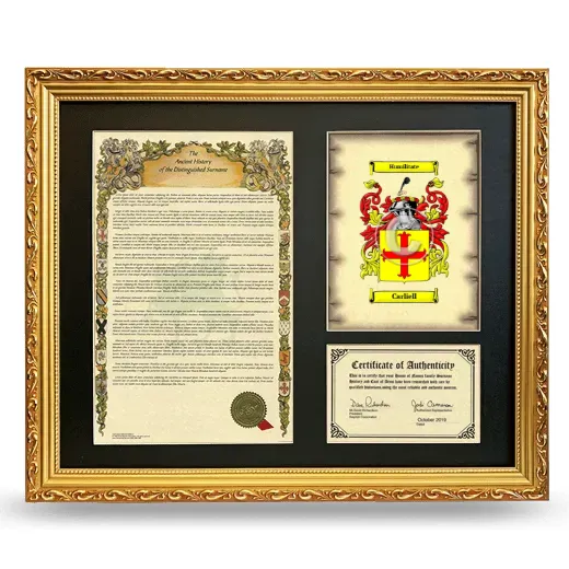Carliell Framed Surname History and Coat of Arms- Gold