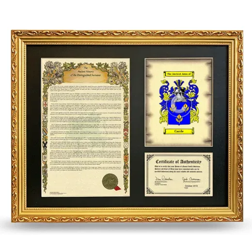 Carrle Framed Surname History and Coat of Arms- Gold
