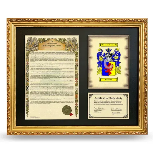 Cassier Framed Surname History and Coat of Arms- Gold