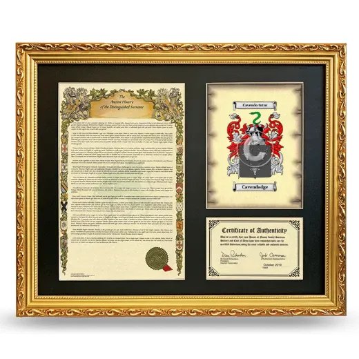 Cavendadge Framed Surname History and Coat of Arms- Gold