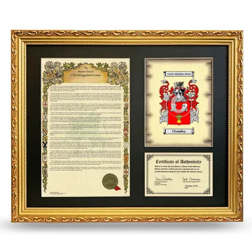 Chamlay Framed Surname History and Coat of Arms- Gold