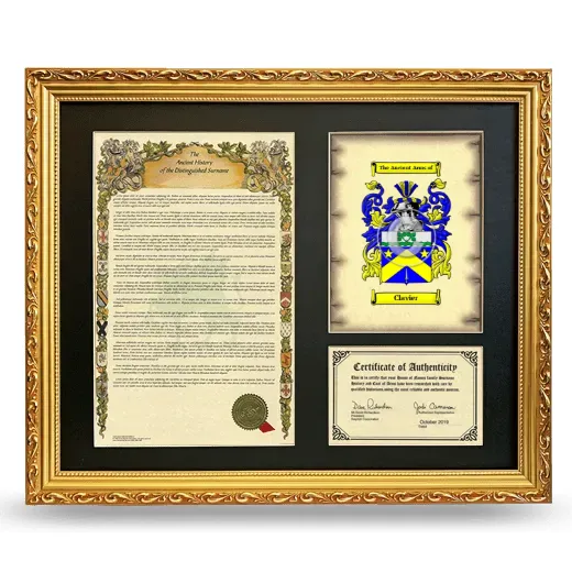 Clavier Framed Surname History and Coat of Arms- Gold