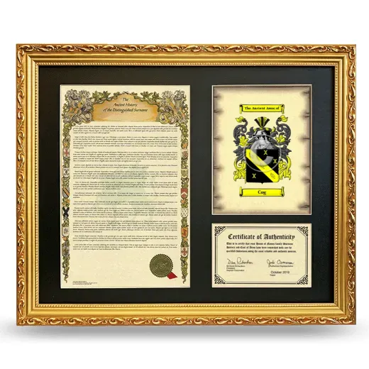 Cog Framed Surname History and Coat of Arms- Gold
