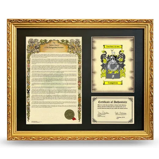Compston Framed Surname History and Coat of Arms- Gold