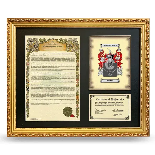 Coune Framed Surname History and Coat of Arms- Gold