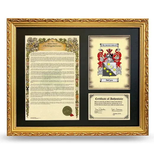Dal'pra Framed Surname History and Coat of Arms- Gold
