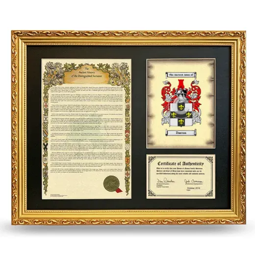 Darras Framed Surname History and Coat of Arms- Gold