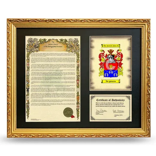 De-genova Framed Surname History and Coat of Arms- Gold