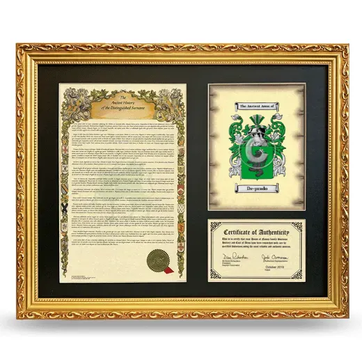 De-prado Framed Surname History and Coat of Arms- Gold