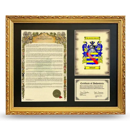 Debord Framed Surname History and Coat of Arms- Gold