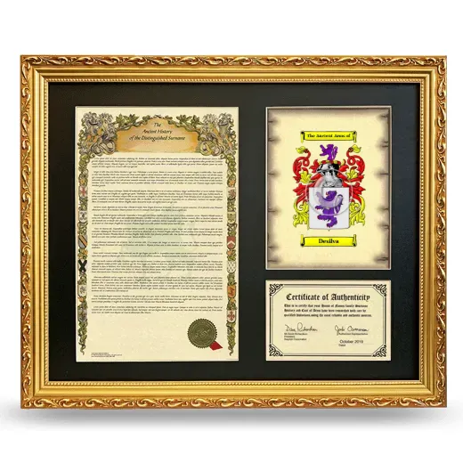 Desilva Framed Surname History and Coat of Arms- Gold