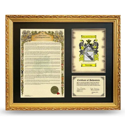 Dezuniga Framed Surname History and Coat of Arms- Gold