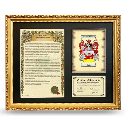 Dicke Framed Surname History and Coat of Arms- Gold