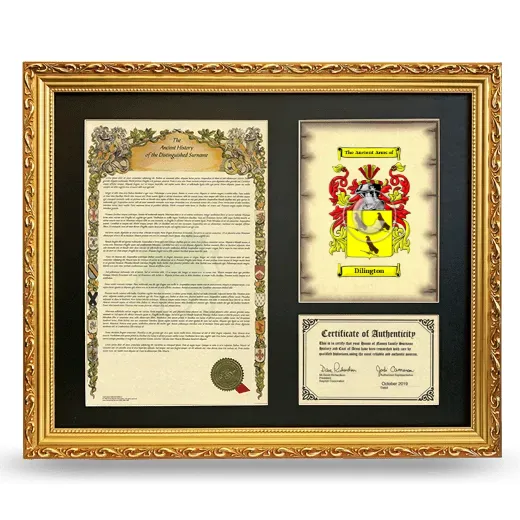 Dilington Framed Surname History and Coat of Arms- Gold